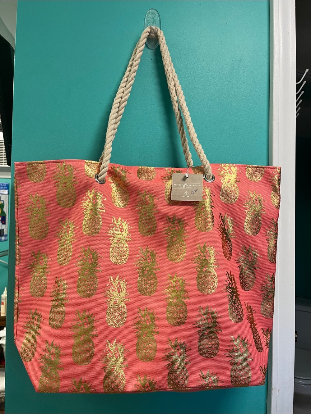 Gold Pineapple Print Coral Tote with Rope Handles